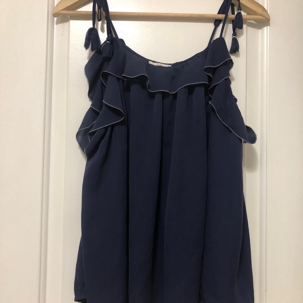 Joie Navy Cold-Shoulder Ruffle Tie-Shoulder Blouse Size L - Picture 11 of 11